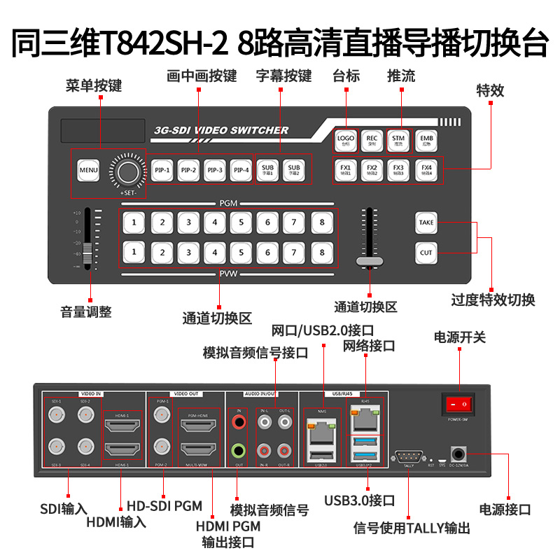 T842SH-2 8路高清直播導(dǎo)播切換臺(tái)接口